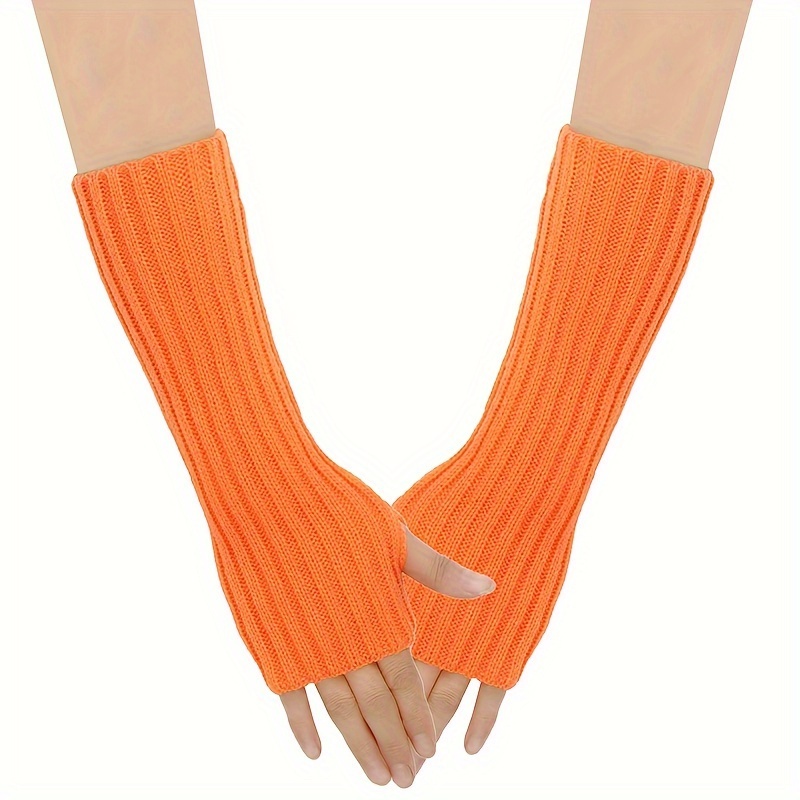 A Pair Of Solid Color Long Gloves With Vertical Stripes, Featuring Stretchy Knit Sleeves And Thumb Holes For Fingerless