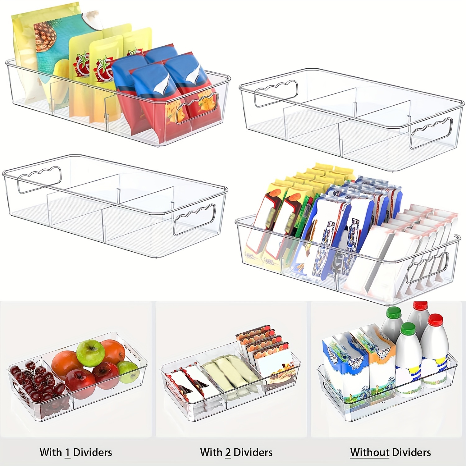 2 Packs Clear Plastic Storage Bins, Snack Organizer, Food Storage Organizer  Bins for Pantry, Kitchen, Fridge, Cabinet, 4 Compartment Holder for  Organize Packets, Spices, Pouches, Snacks