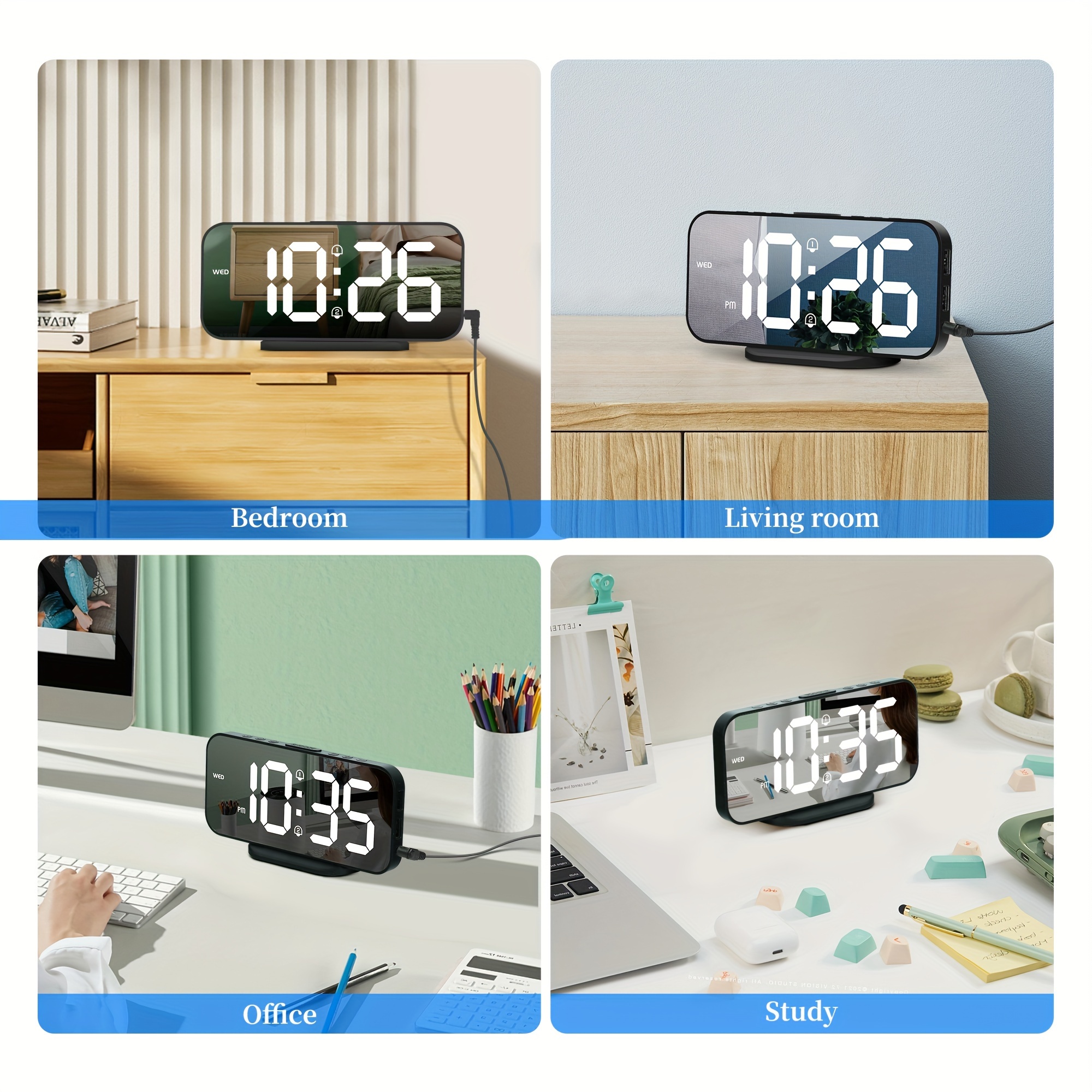 Réveil Numérique avec 2 Alarmes, Miroir Horloge Numérique LED avec