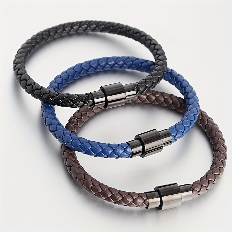 Leather Rope Stainless Steel Braided Leather Bracelet Simple - Temu Canada