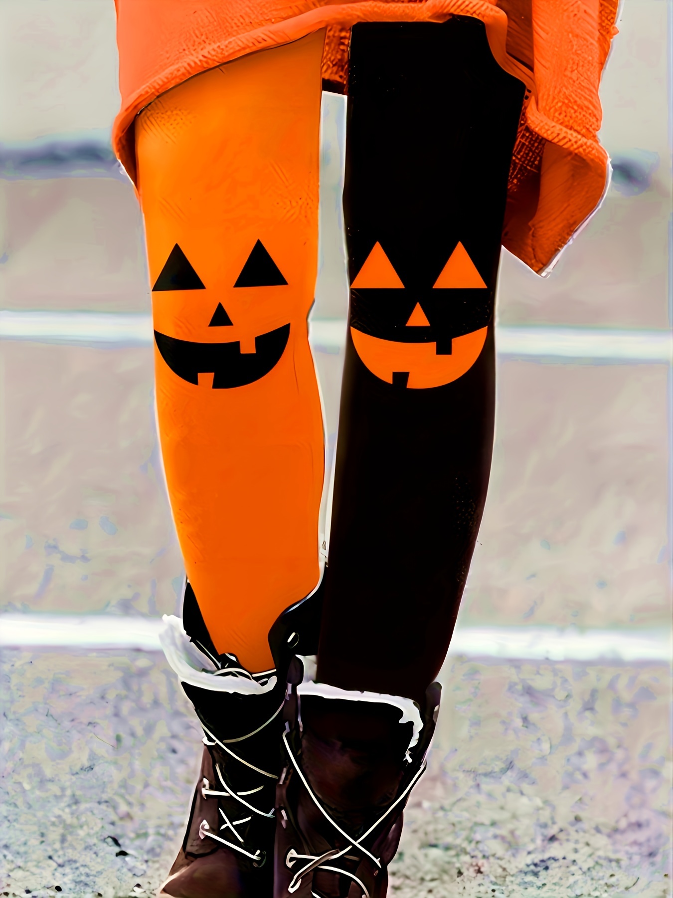 Halloween Pumpkin Print Leggings Casual Color Block Slim - Temu