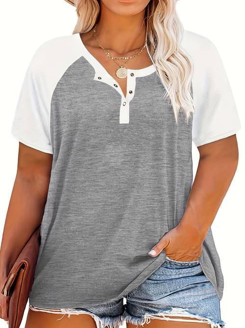 womens plus size color block t shirt casual loose fit with button neck detail breathable summer tee for casual attire plus size blouses