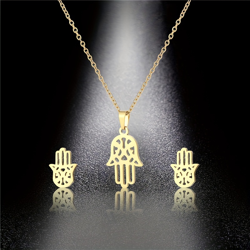 Couples Stainless Steel Palm Necklace Earring Set