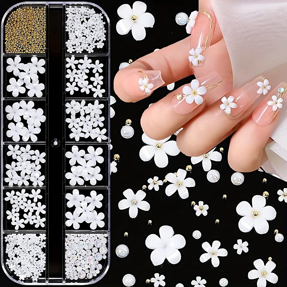 3d White Flower Nail Art Charm Decoration Decals Nail Flower - Temu