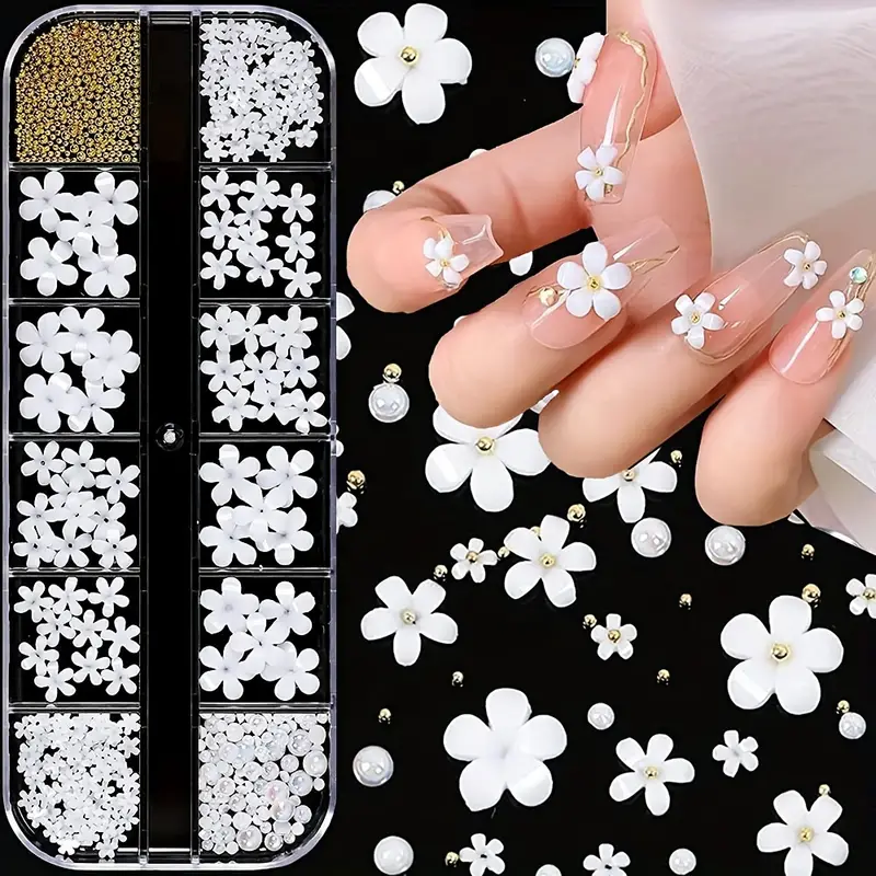3d Flower Nail Art Charms White Flowers Nail Rhinestones Kit - Temu