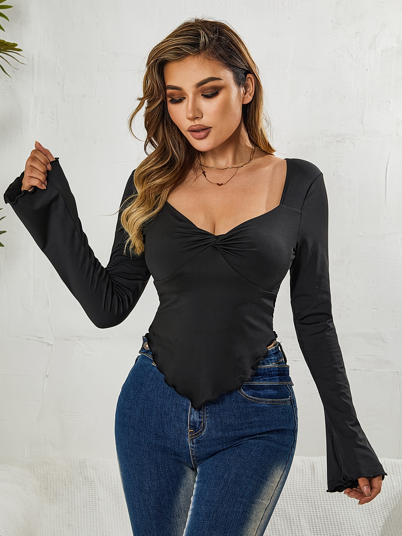 Womens Plus Size Tops Sexy V Neck Flare Sleeve Crop Top with Tie Long  Sleeve T Shirt Long Sleeve Tops for Women
