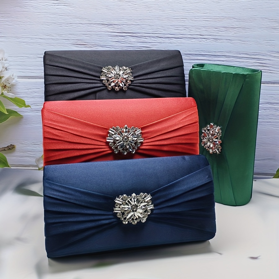 

Classic Ruched Design Evening Bag, Rhinestone Decor Banquet Clutch Bag, Women's Luxury Dinner Bag With Detachable Chain Strap And For Music Festival