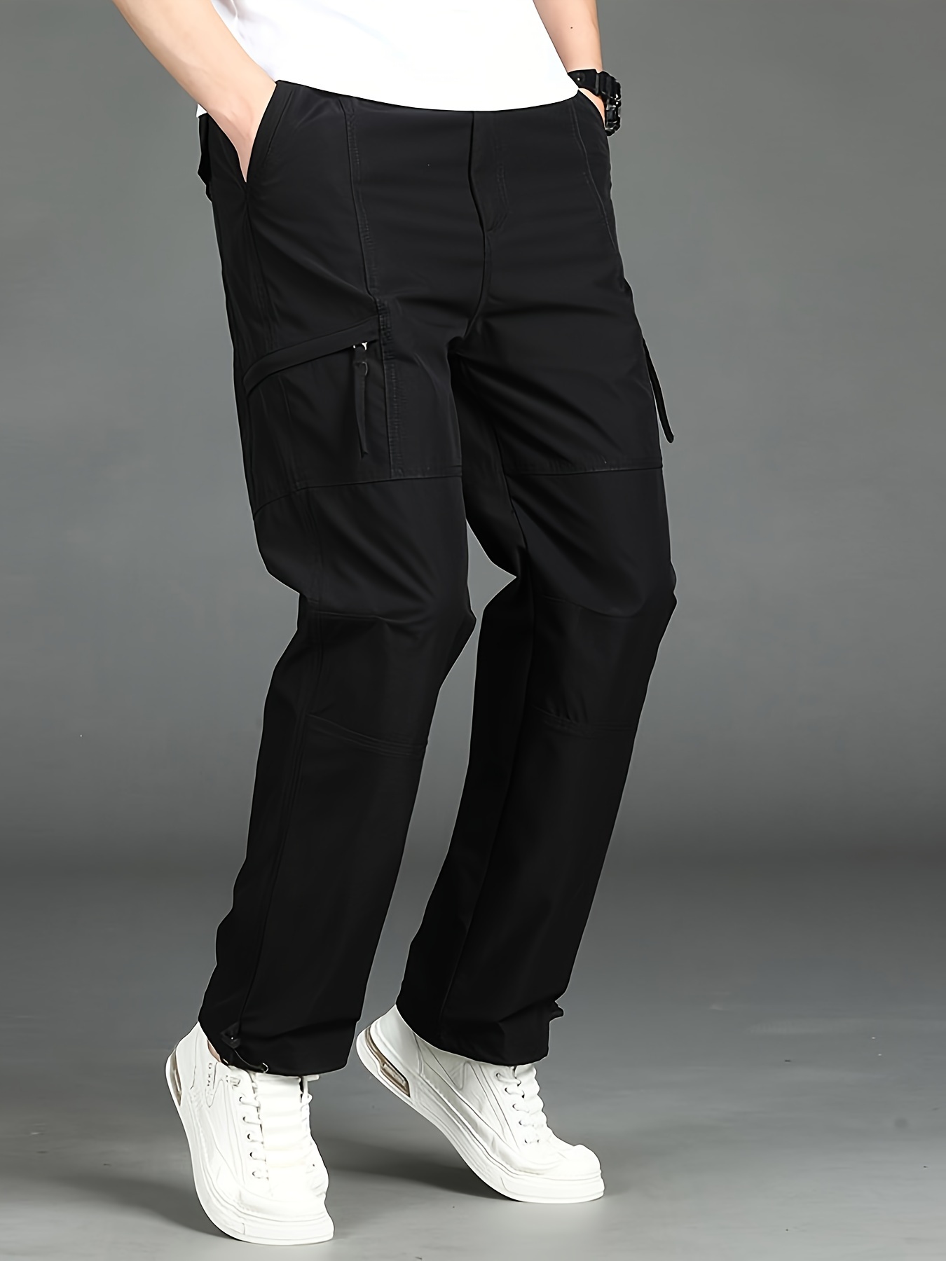 black cargo pants men fashion sports casual pants elastic waist straight  leg loose pants