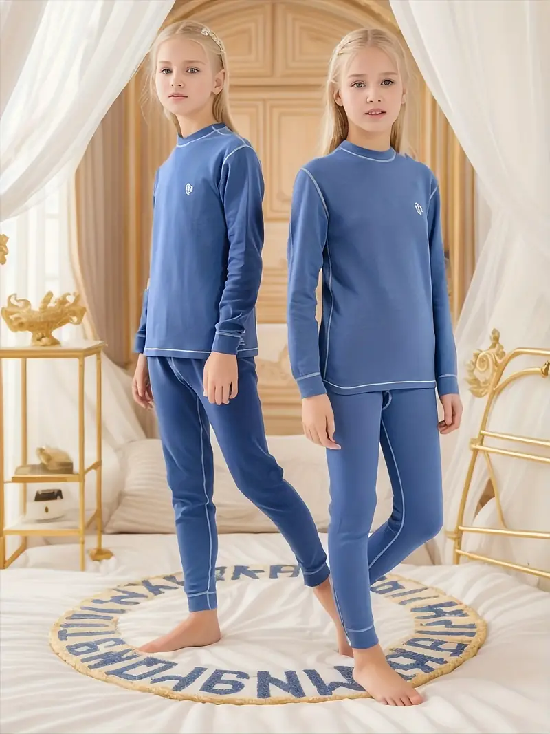 Boys Thermal Pajamas Long Sleeve Top Pants Set Solid Color - Temu