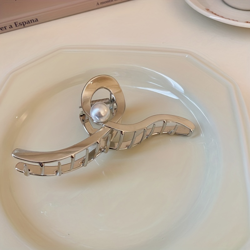 Wave Faux Pearl Hair Claw Metal Accessory
