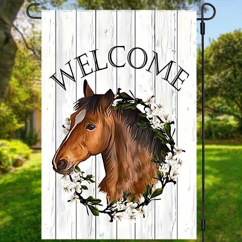 

1pc, Welcome Horse Farm Flag, Village Sign, Horse Flower Wood Grain Double Sided Printed Garden Flag, Spring Summer Farm Outdoor Decorations