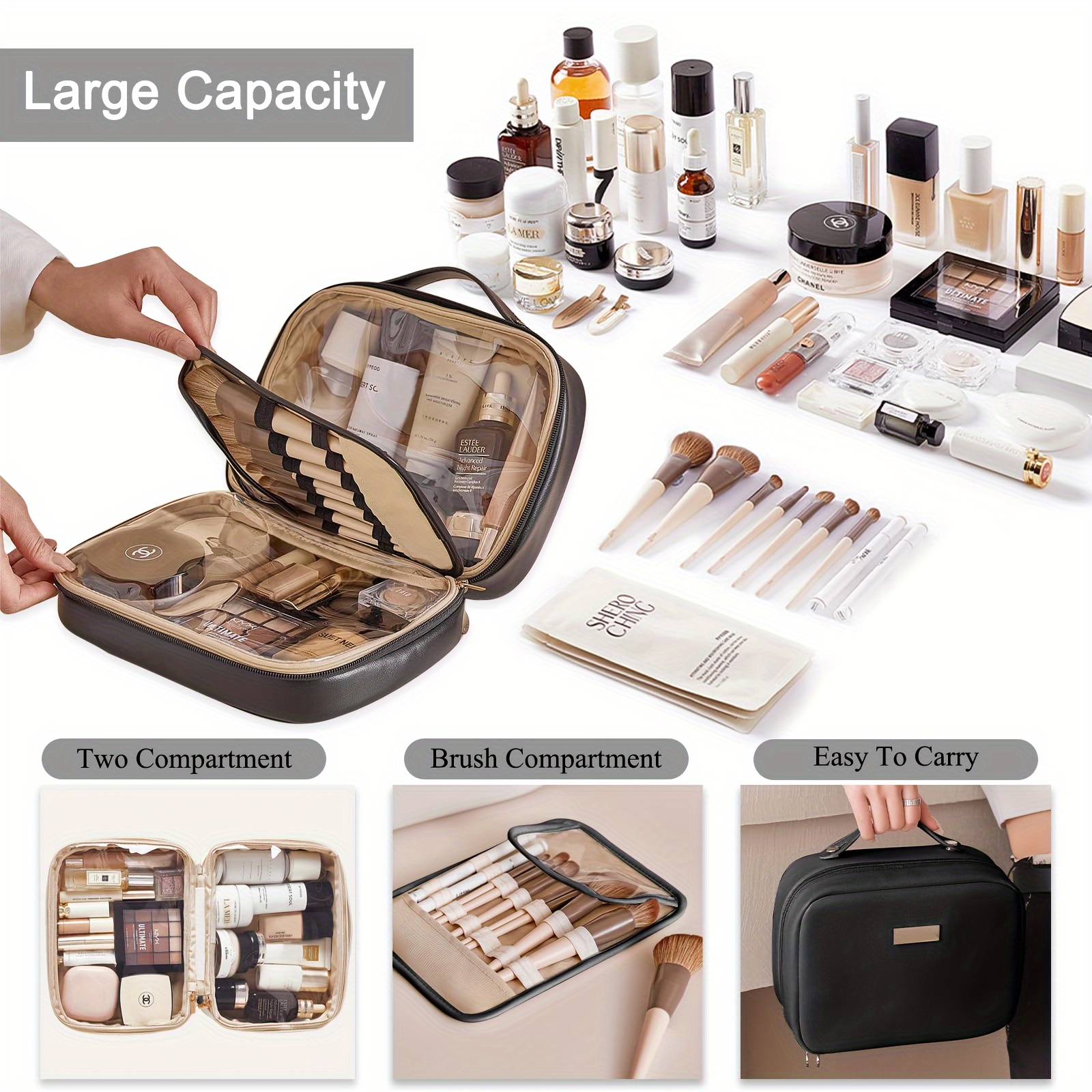 1pc Transparent Makeup Brush Storage Bag With Clear Panel In Black