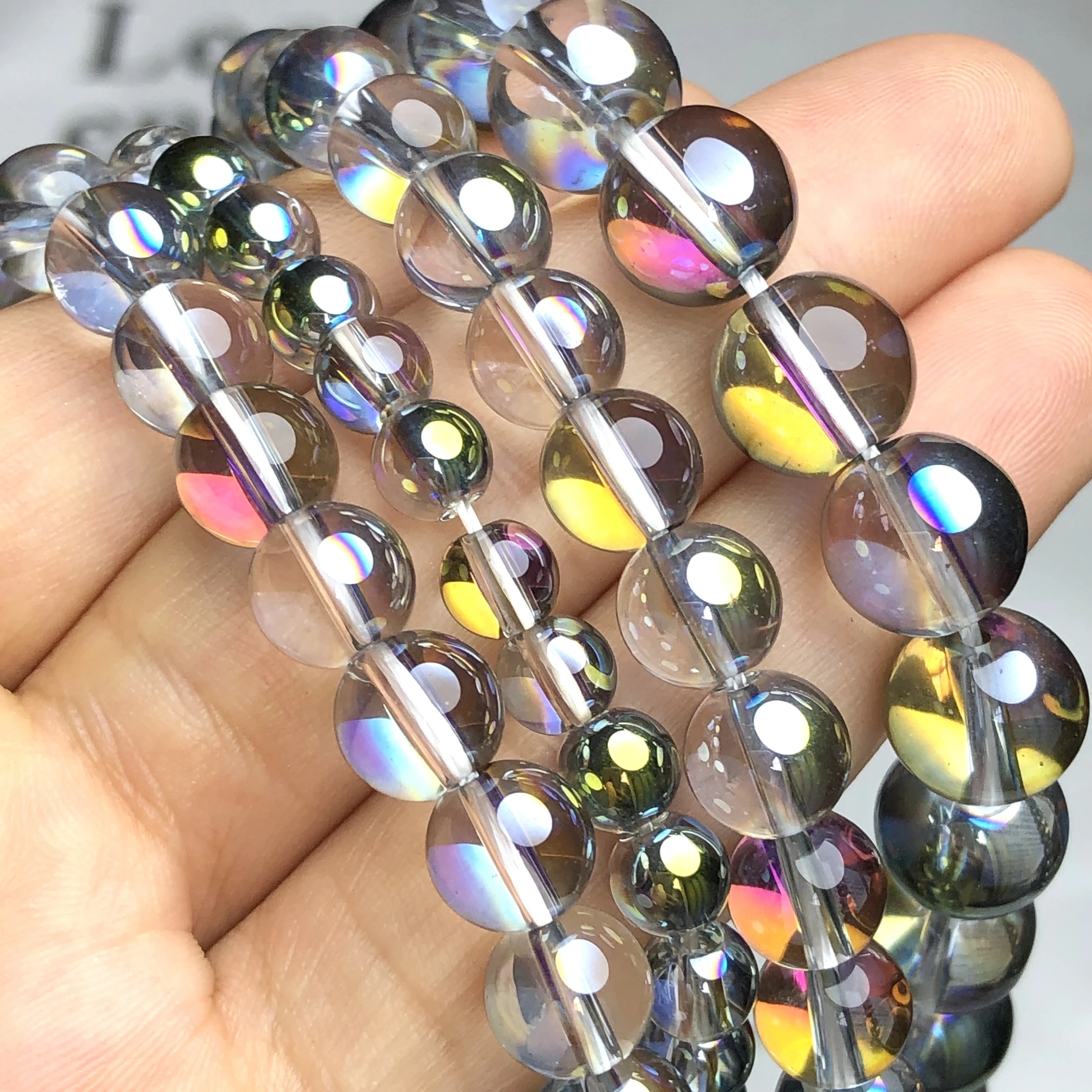 

6/8/10mm 15" Round Multicolor Crystal Rainbow Plated Glitter Moonstone Glass Beads Fashion For Bracelet Diy Jewelry Making Craft Supplies