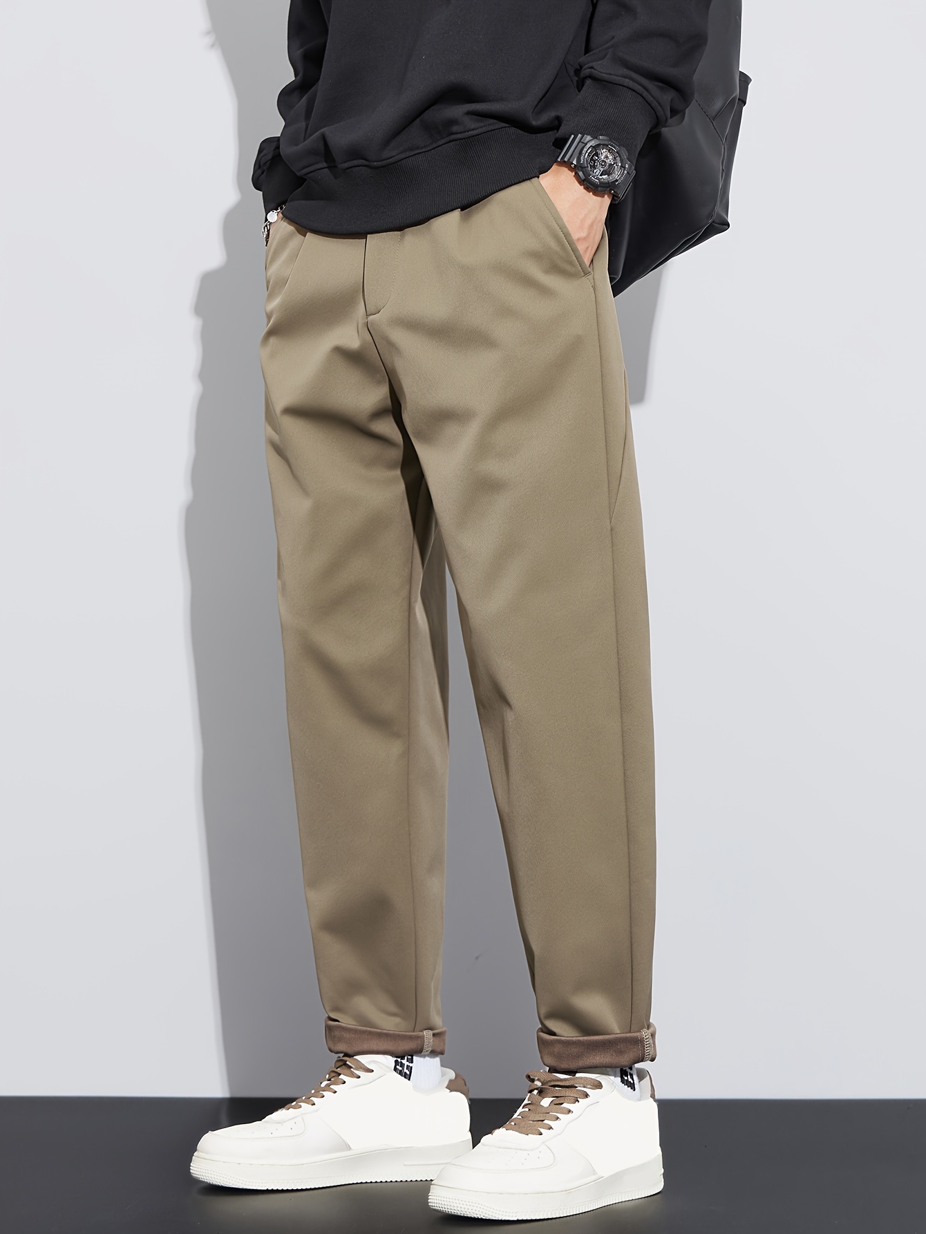 mens trendy solid pants casual elastic waist straight leg trousers for outdoor spring fall