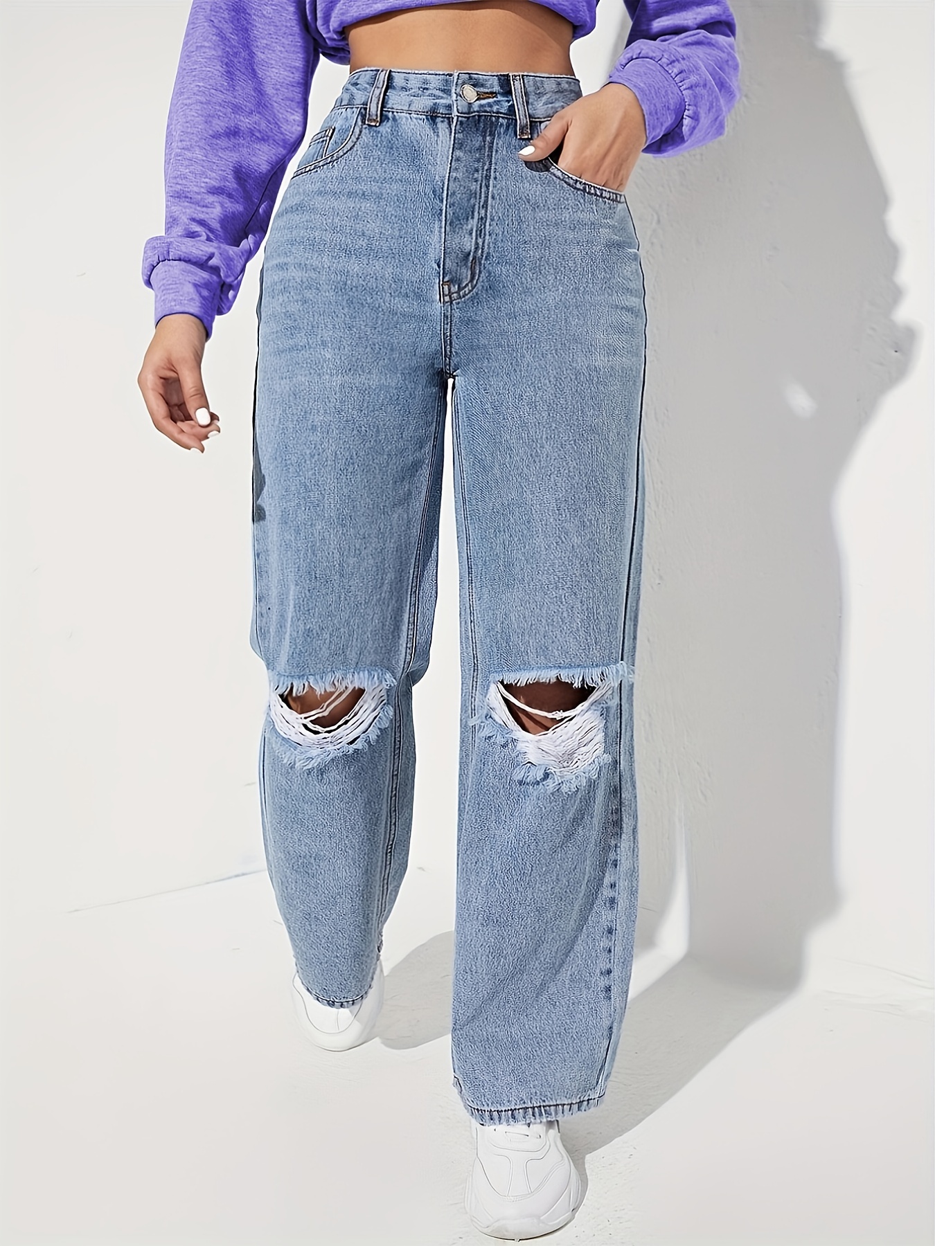Blue Ripped Straight Jeans, Distressed High Waist Slash Pockets Wide Leg  Loose Fit Denim Pants, Women's Denim Jeans & Clothing