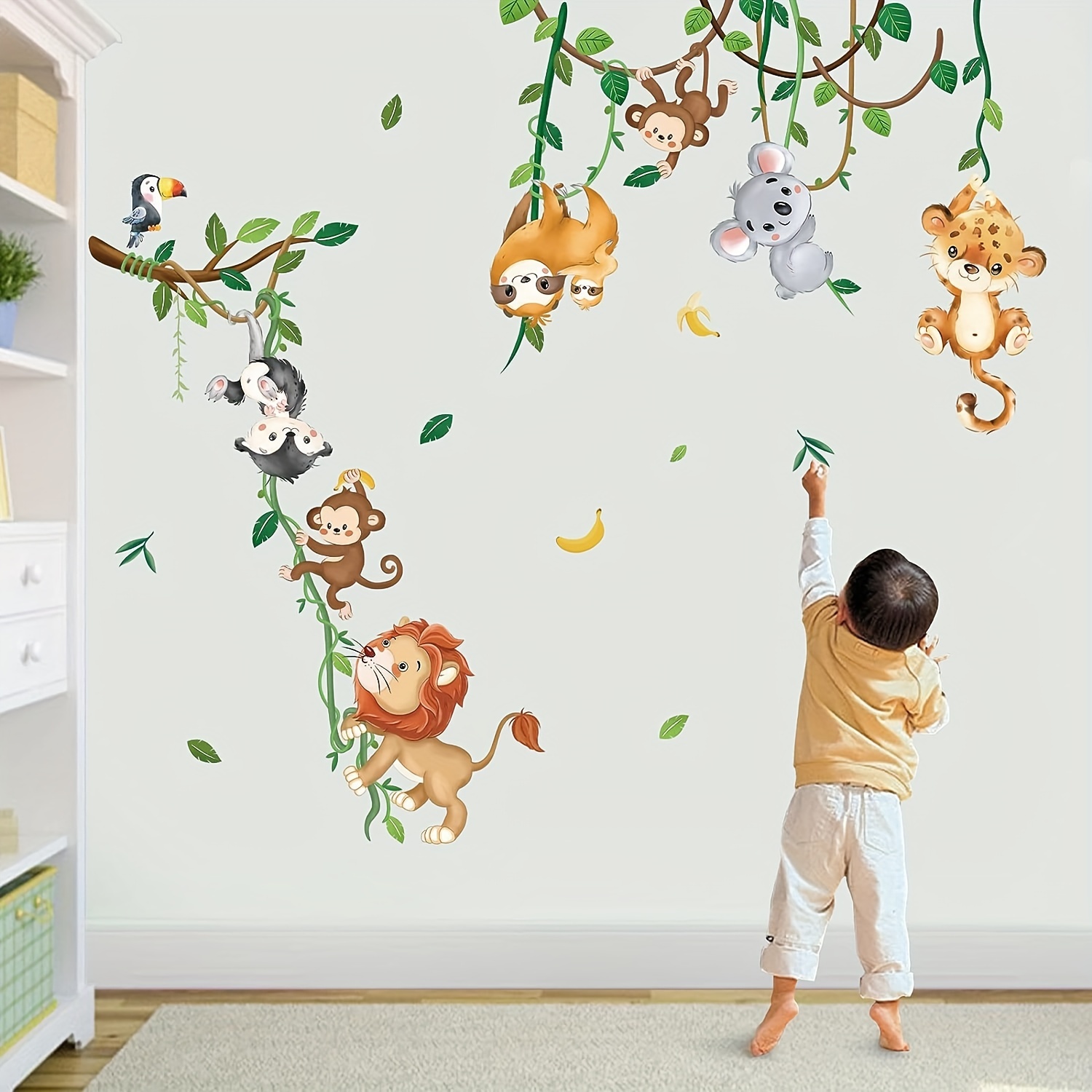 

Stickers muraux d'animaux de la jungle grimpant aux arbres, singe lion koala tigre, décoration murale pour le salon, la chambre à coucher, la maison, cadeau de Pâques