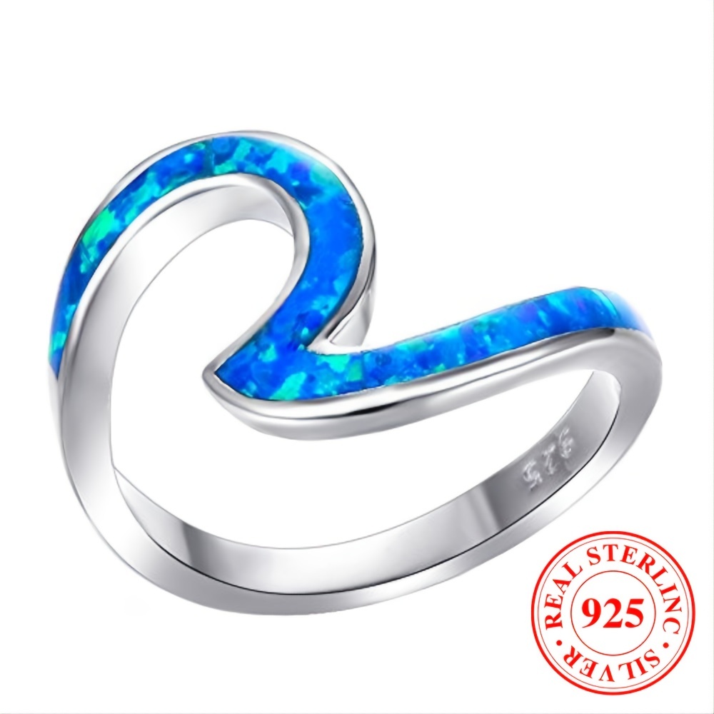 Women's Unique 925 Sterling Silver Opal Wave Ring