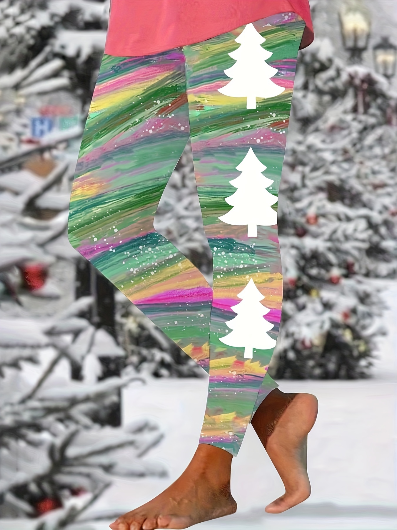 Christmas Striped Print Skinny Leggings Casual Elastic Waist - Temu