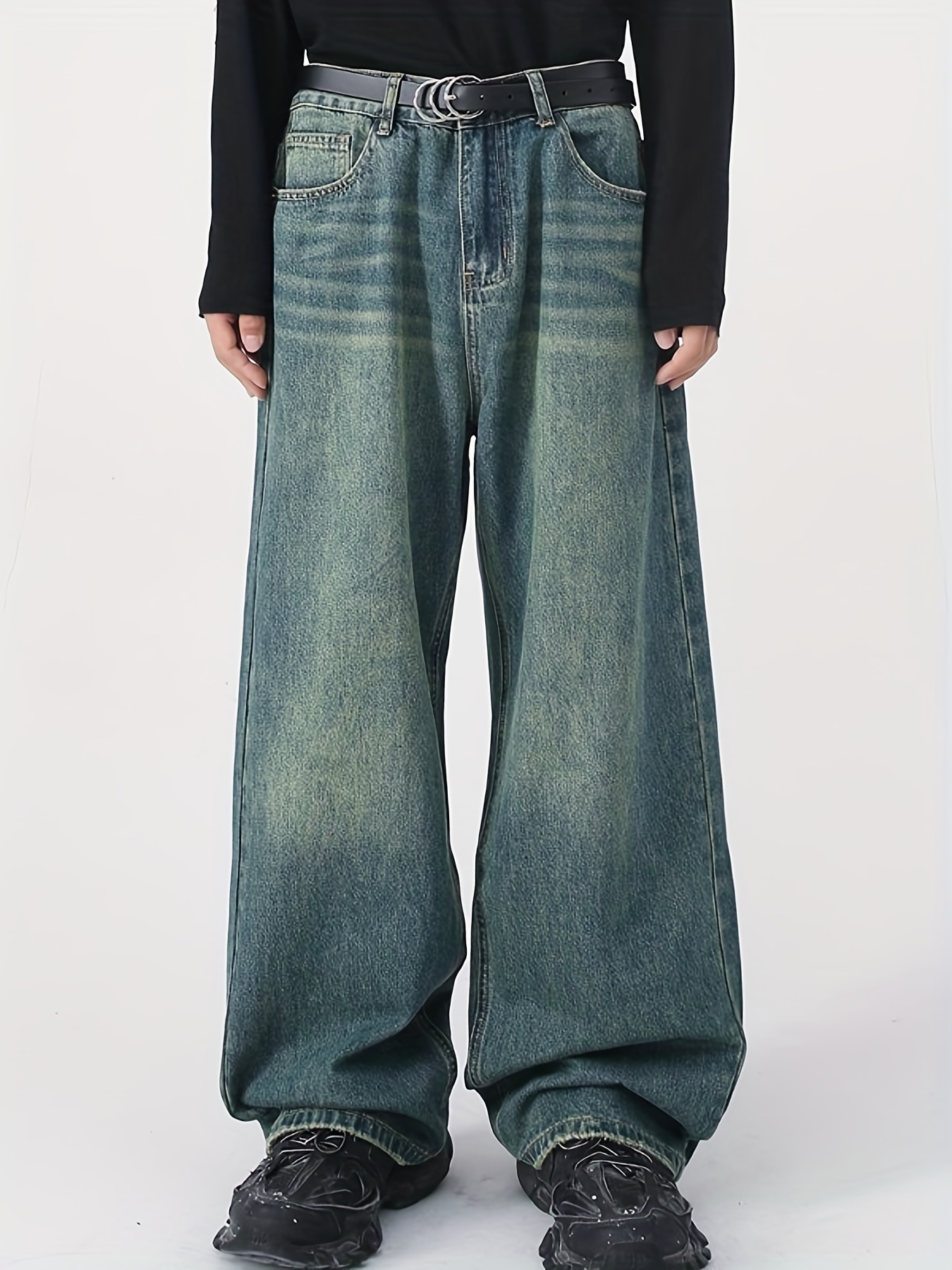 Men's Wide Leg Baggy Jeans, Street Style Vintage Distressed Denim Pants ...