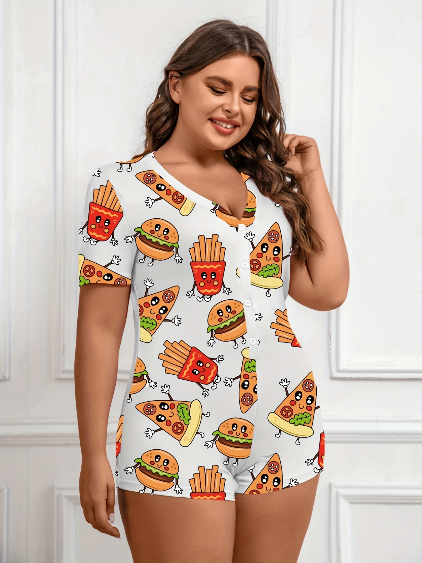 Plus Size Casual Pajama Romper, Women's Plus Cartoon Pizza & Burger Print  Short Sleeve V-Neck Onesie Bodysuit Pajama Romper
