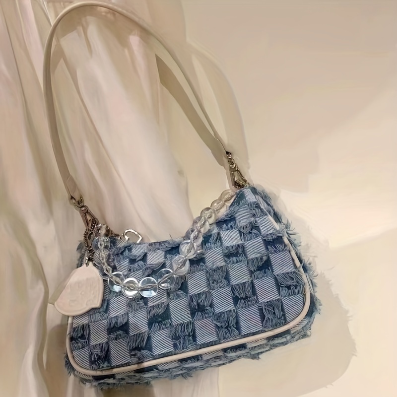 Plaid Pattern Denim Handbags, Trim Shoulder Bag, Beaded Clutch Purse For  Women - Temu
