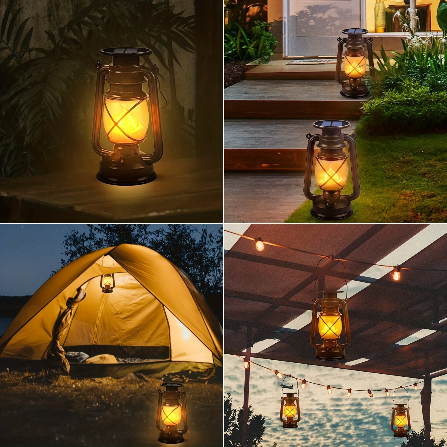 2 PCS Solar Lantern Hanging Flame Camping Lamp Outdoor Waterproof for Porch  Yard