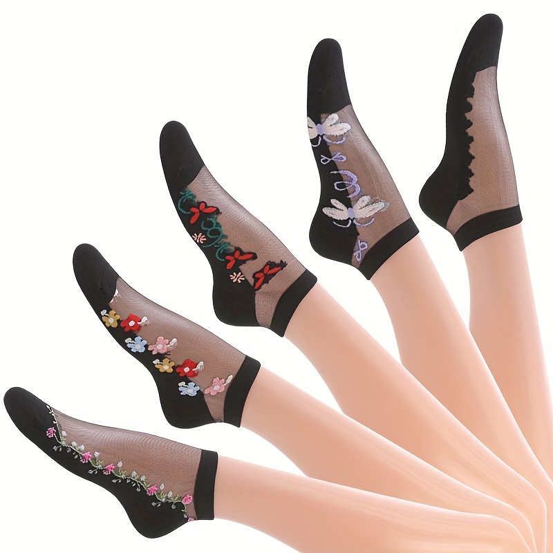 TEMU 5 Pairs Floral Embroidered Socks, Breathable & Lightweight Mesh Short Socks, Women's Stockings & Hosiery