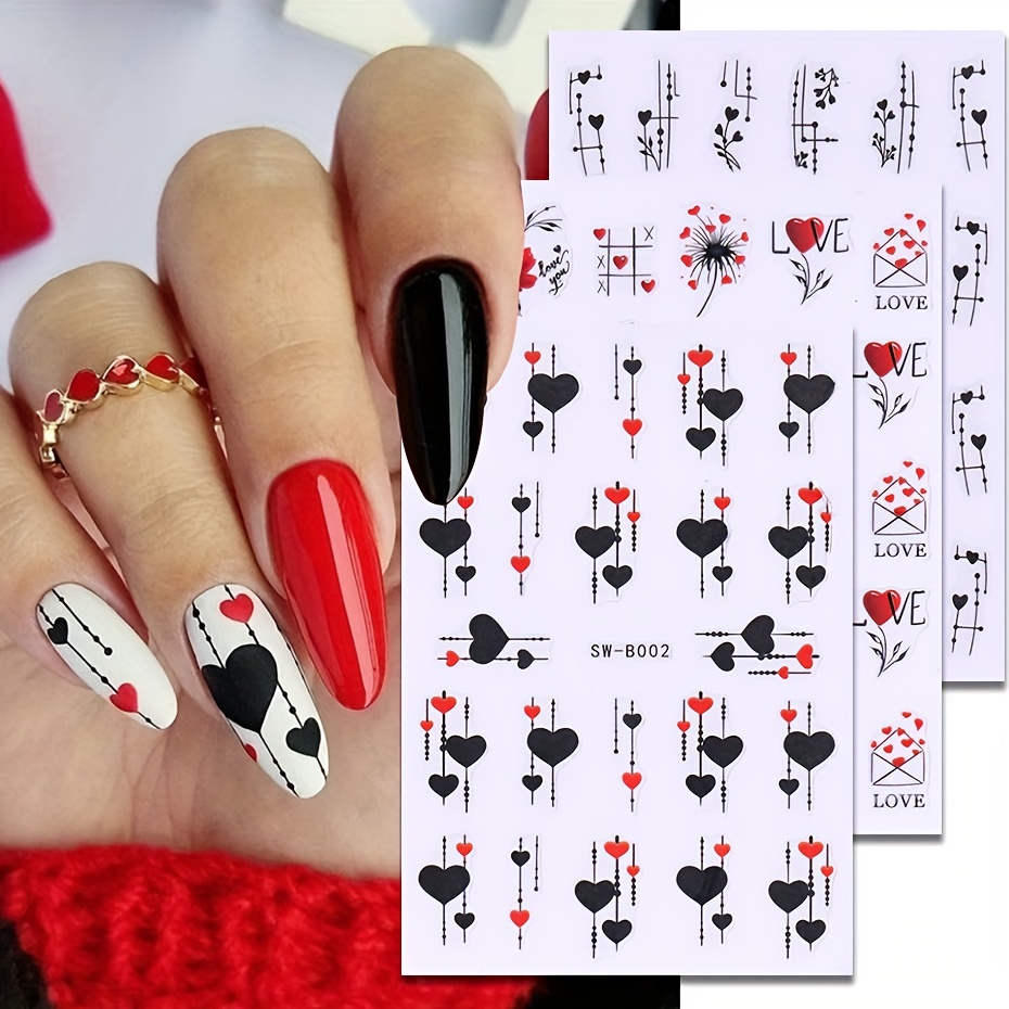 

3pcs Sweet Trend Nail Art Stickers - Chic Heart Designs With "love" Lettering, Self-adhesive Decals For Easy Diy Manicure, Plastic, No Scent, Romantic Celebrations, Valentines Decorations