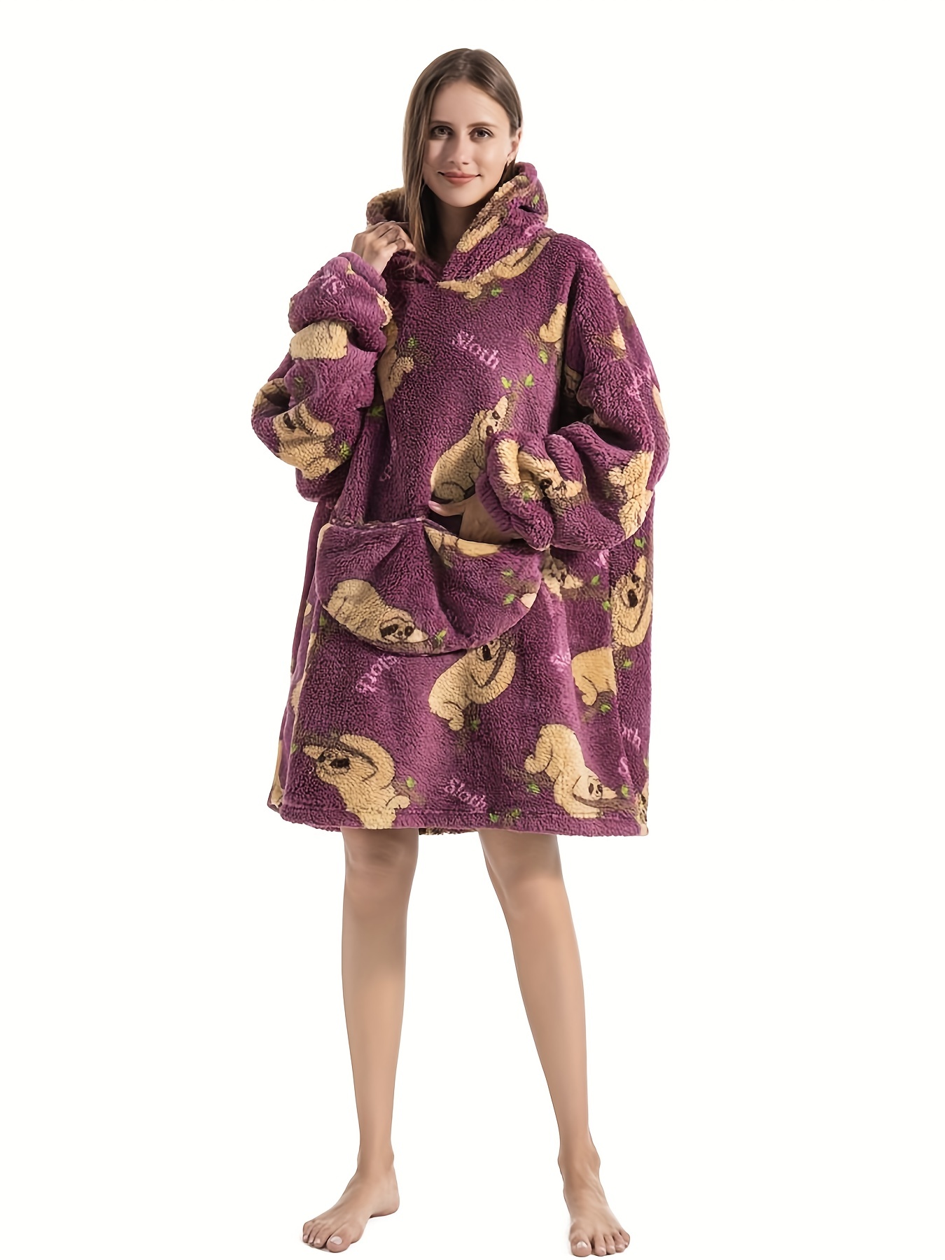 Sloth Pattern Fleece Hooded Wearable Blanket