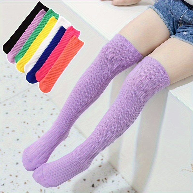 Girl's Candy Color Solid Striped Knee High Socks Breathable - Temu