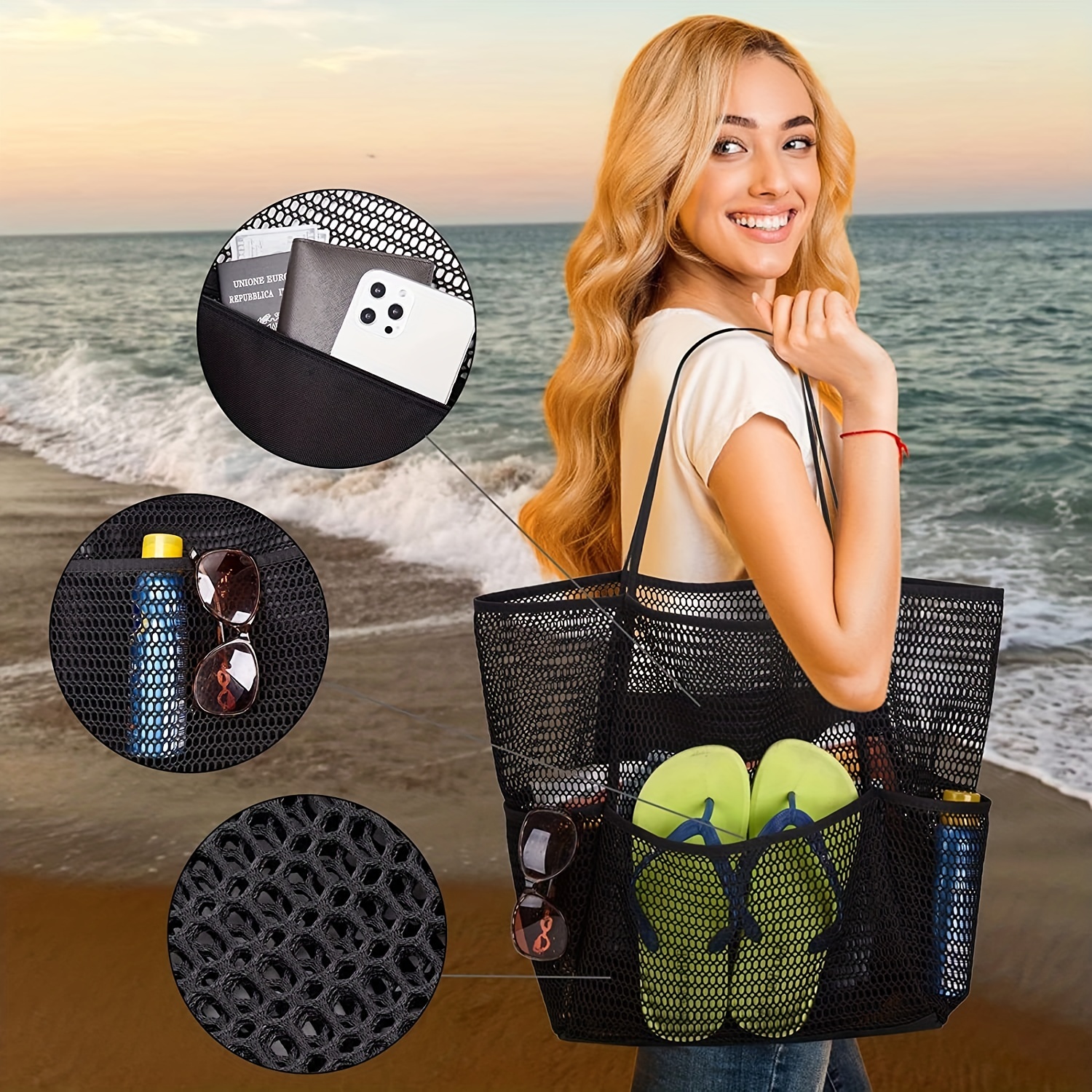 Extra Large Beach Bag Mesh Tote With Zipper And Pockets - Temu