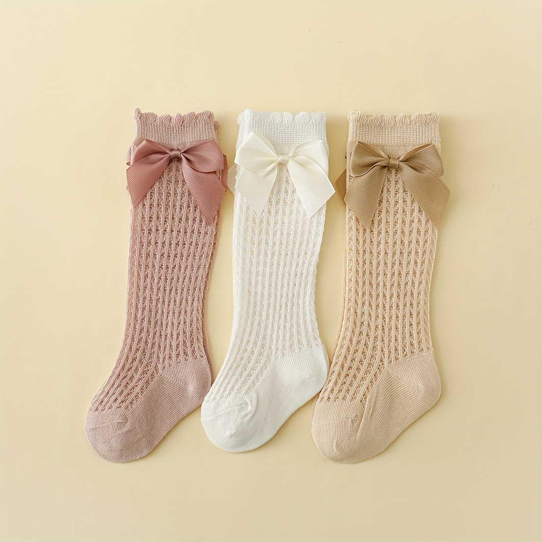 

3pairs Casual Cute Bow Decor Knit Socks, Soft Comfortable Mesh Breathable Cotton Socks Baby Girls Accessories