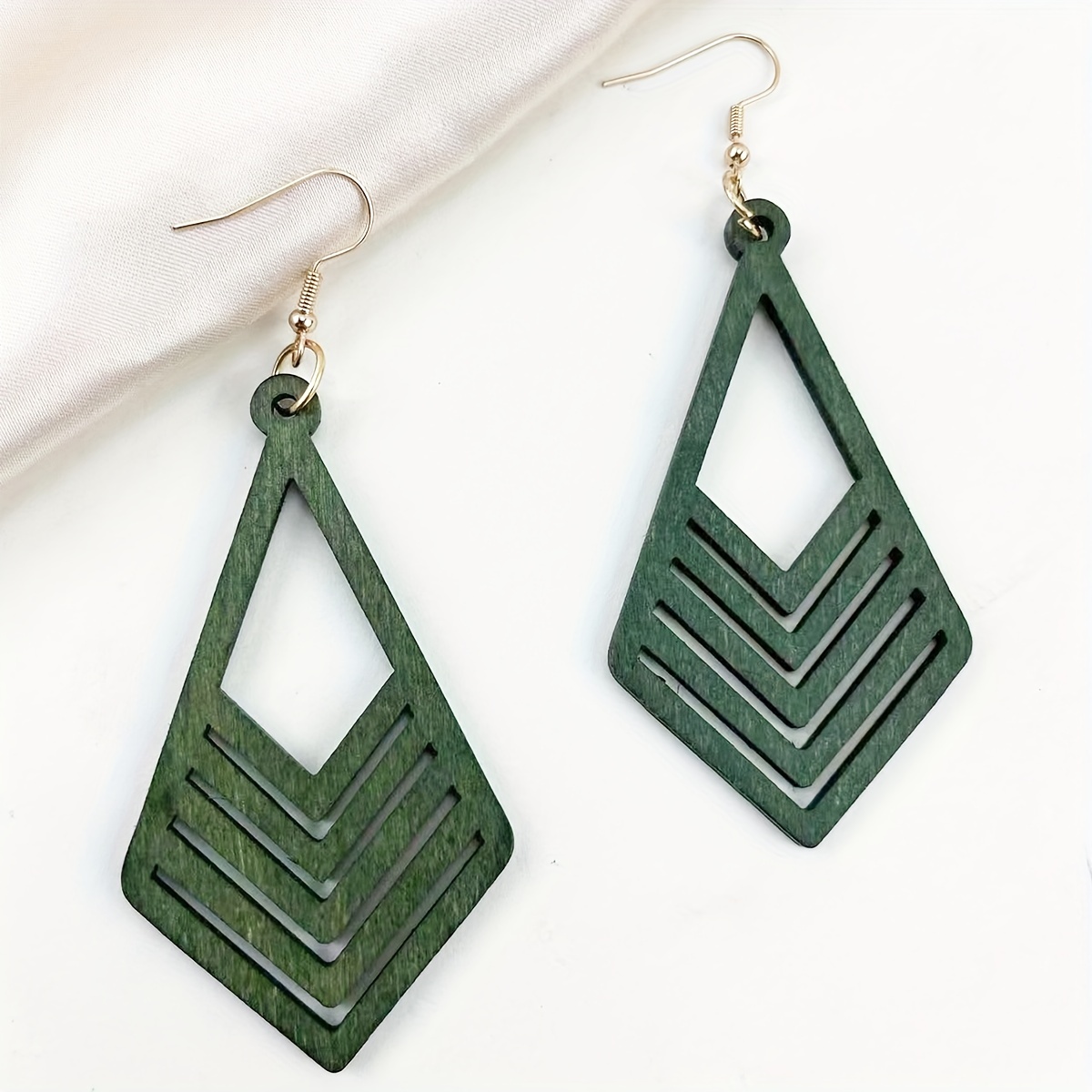 Hexagon Earrings, Geometric Wooden Stud, Mint Green
