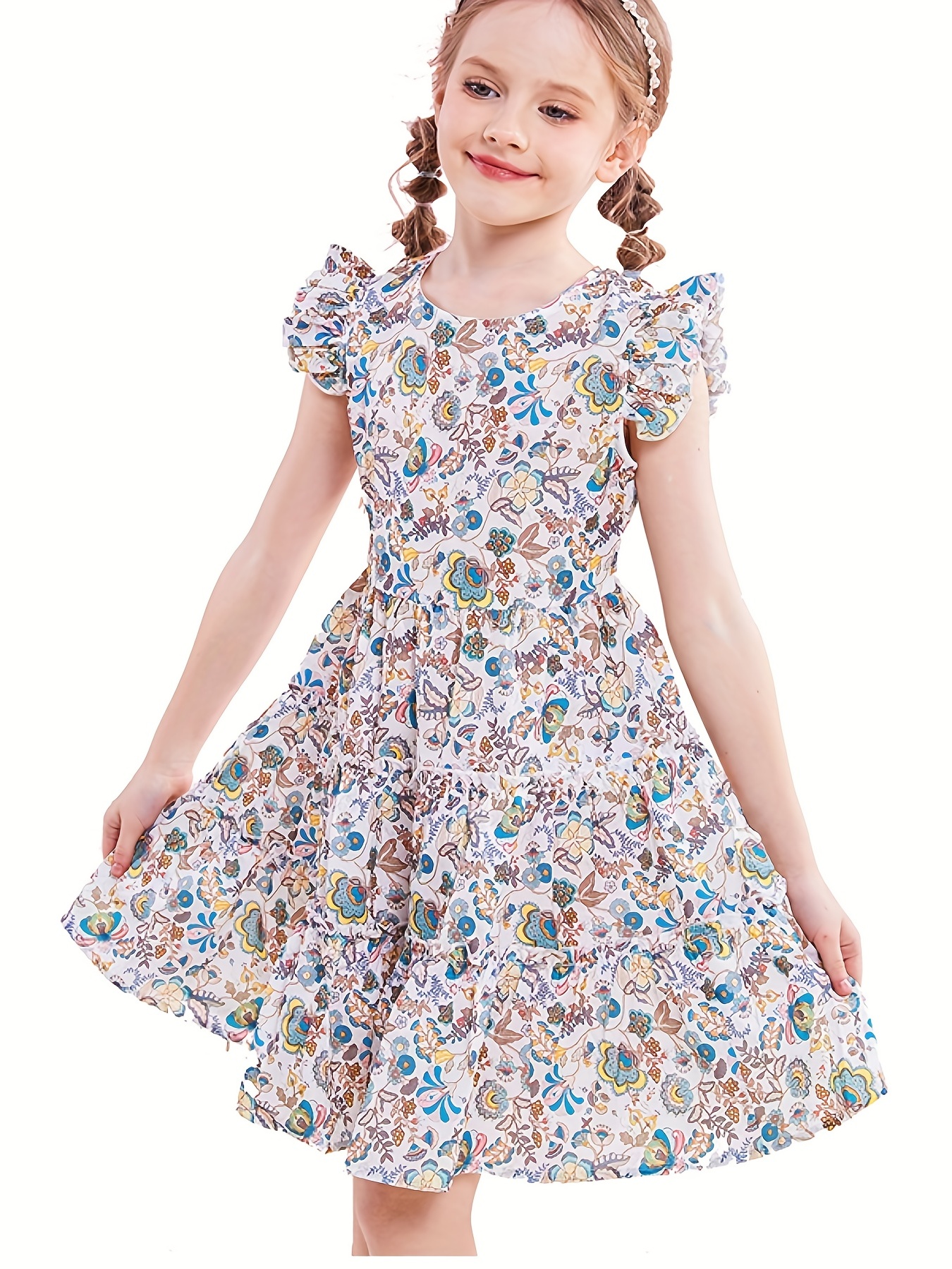 Girls Ditsy Flowers A line Ruffle Casual Dress Vacation - Temu Canada