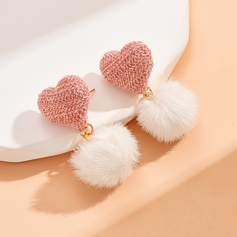 Heart Shaped Pink Earrings with Pom Pom