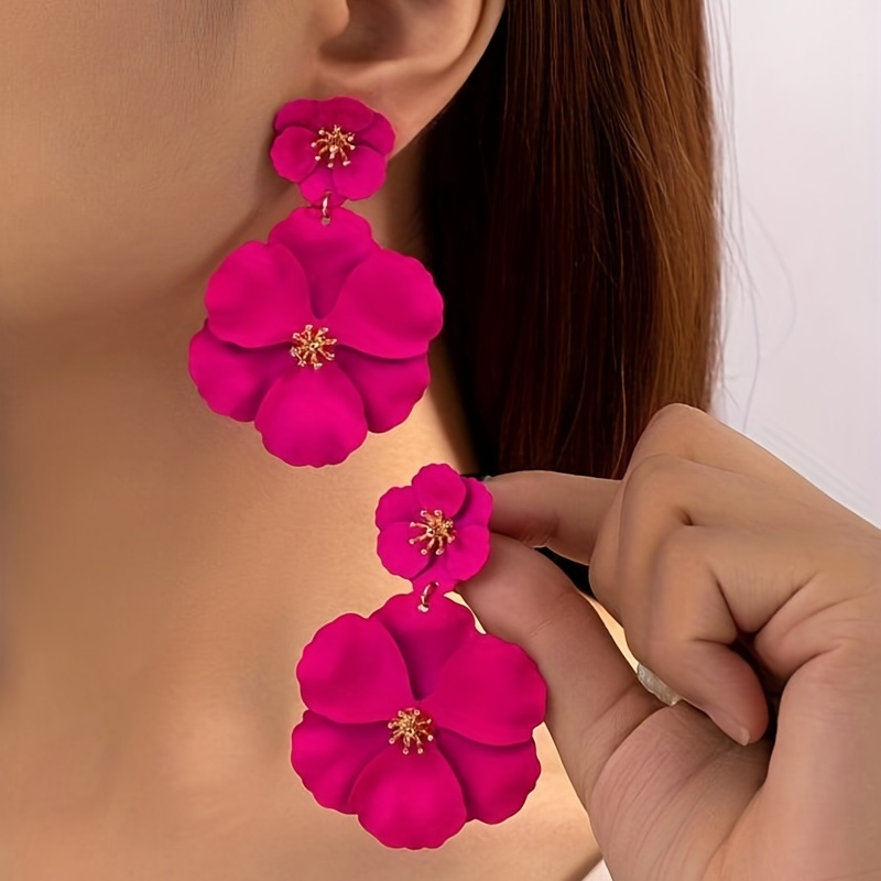 

Hot Pink Color Flower Design Dangle Earrings Bohemian Sexy Style Iron Jewelry Vacation Party Ornaments Female Gift