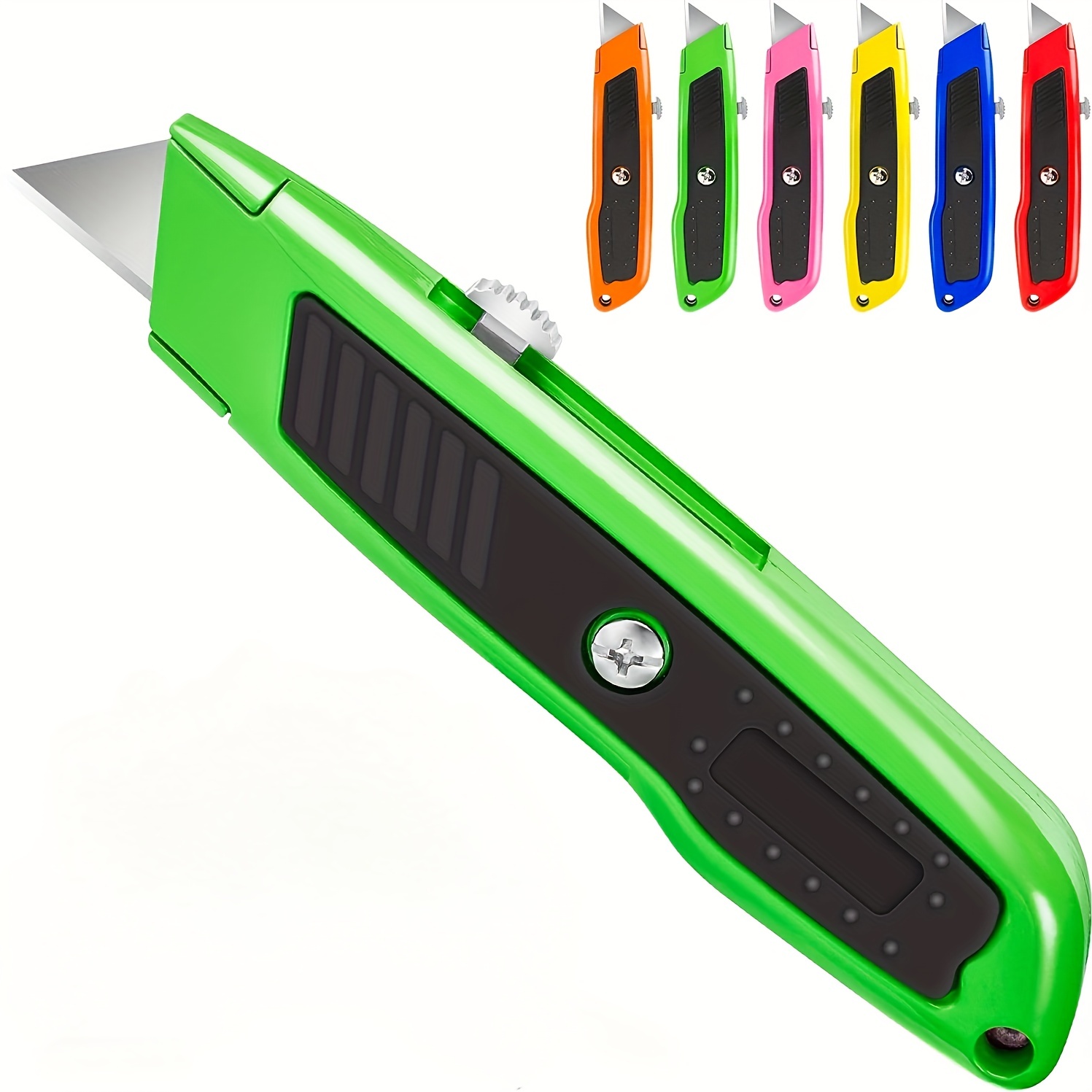 Full Size Retractable Box Cutter, Plastic Handle, Green, 6/Box - Zerbee