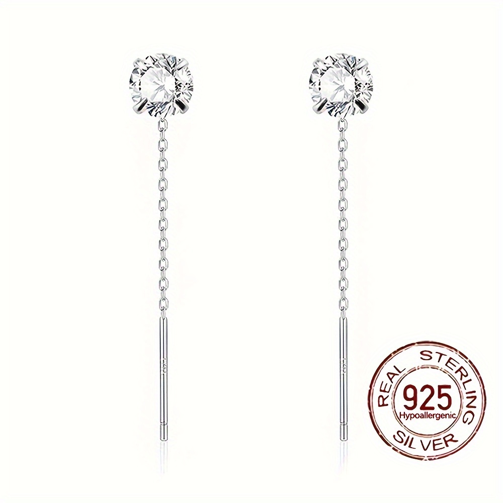 Image of 0.6g S925 Pure Silvery Low Allergy Shiny Synthetic Zirconia Combined With Cubic Zirconia Pendant Long Chain Thread Elegant Minimalist Ear Piercing Earring