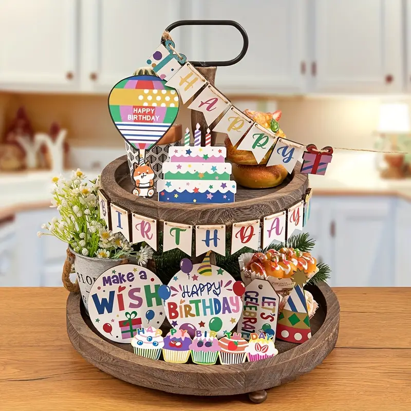 Birthday Party Theme Set Home Layered Tray Decoration Wooden - Temu