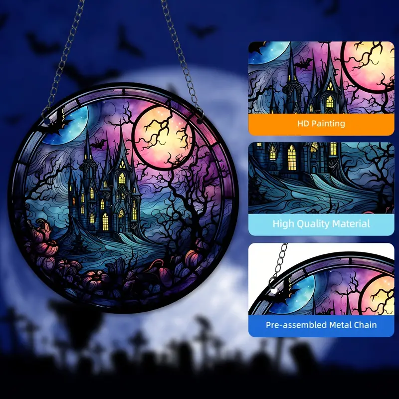 1pc halloween moon castles stained suncatcher halloween window hanging fall decor home decor party gifts for halloween wreath sign details 5