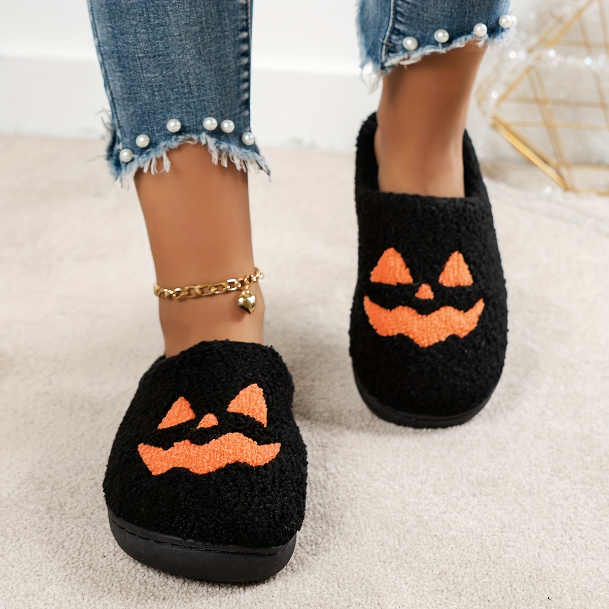 Fluffy Winter Warm Slippers Woman Girls Halloween Pumpkin Cartoon