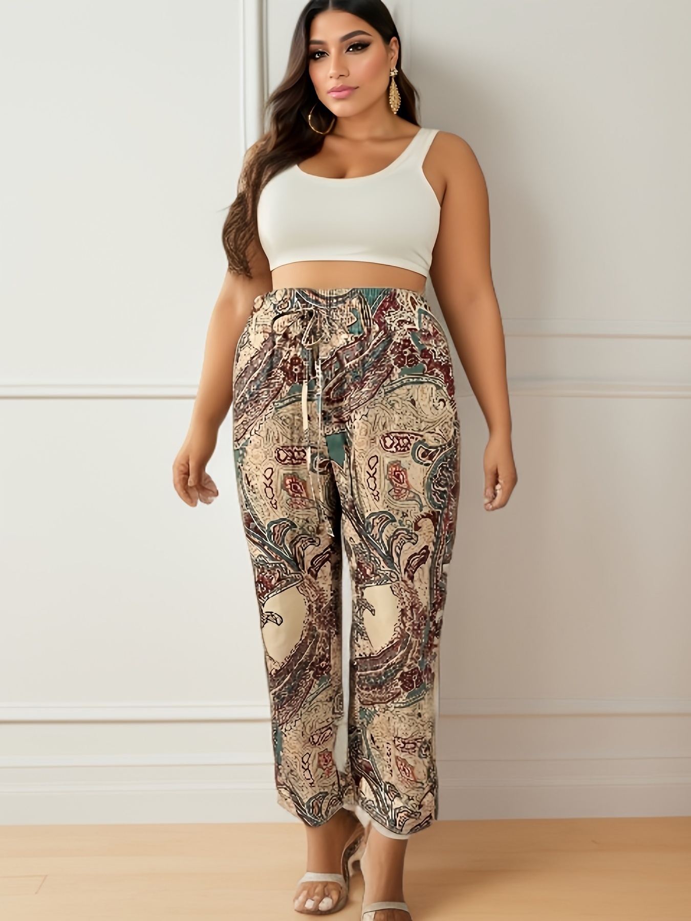 Plus Size Boho Pants, Women's Plus Paisley Floral Print High * Wide Leg  Trousers With Belt