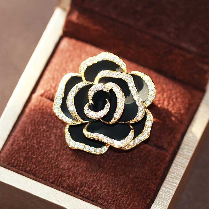 Black / Red Camellia Flower Alloy Brooch Pin Inlaid Shiny - Temu