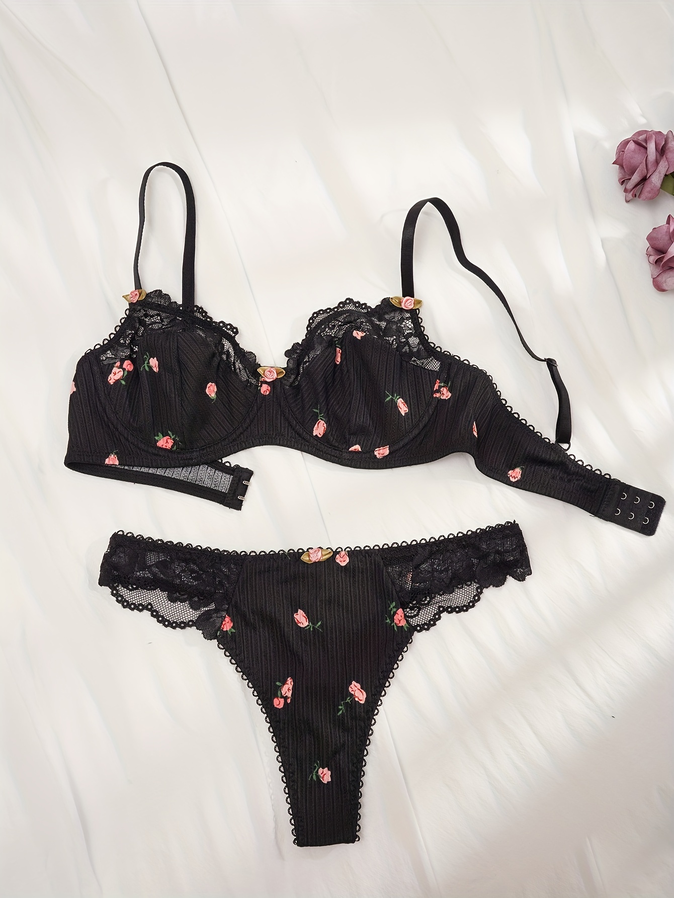 Floral Print Bra & Panties, Cute Push Up Bra & Contrast Lace Thong Lingerie  Set, Women's Lingerie & Underwear