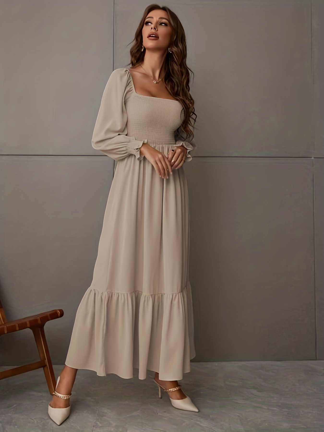 Flowy Long Dresses for Women Layered Long Sleeve Casual V Neck