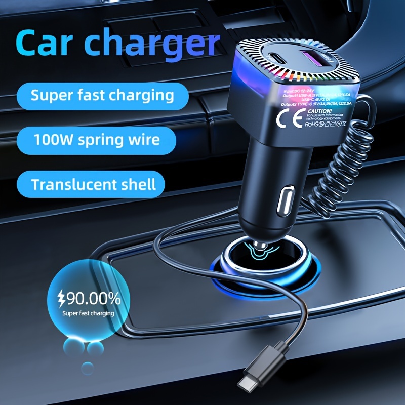 100W Retractable Car Charger Cable Dual Port USB C PD Fast Charging Adapter