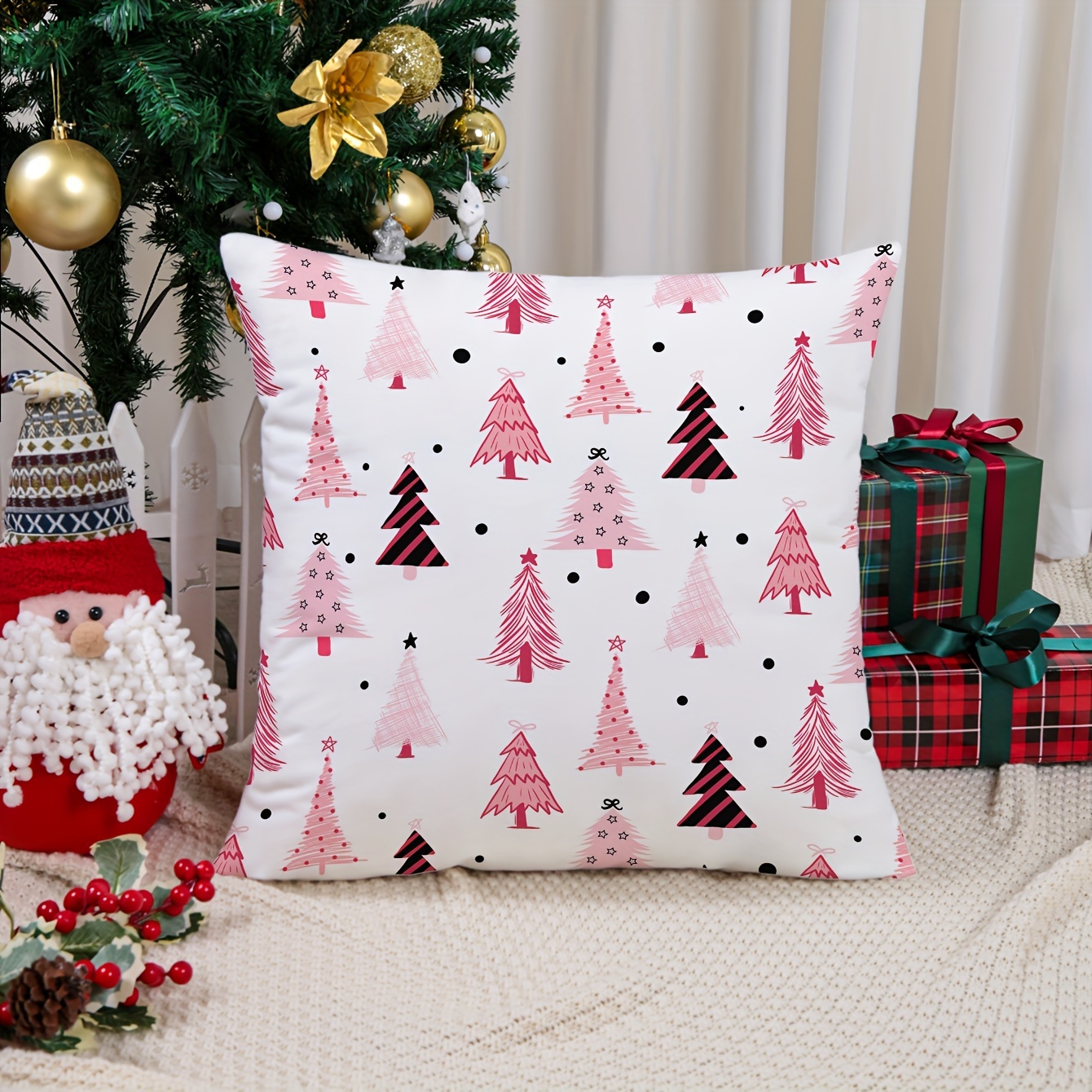 TEMU Christmas Tree Throw Pillow Cover - Vintage Style, Zip Closure, Machine Washable For Living Room Decor