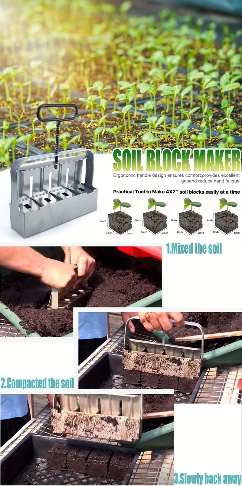 1 Pack, Heavyduty Soil Block Maker, 8cell Seed Starting Tool, 2inch