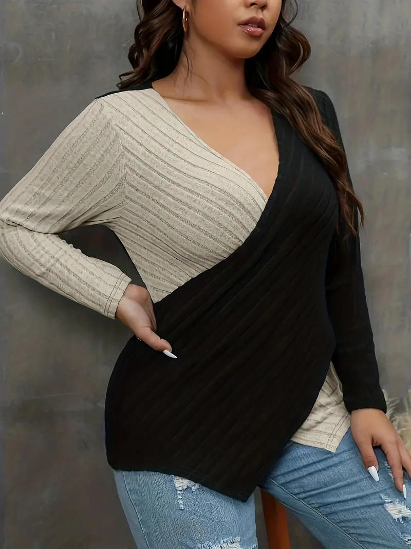 plus size casual sweater womens plus colorblock cross v neck long sleeve medium stretch jumper details 38