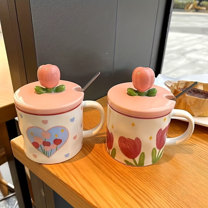 350ml Cute Tulip Water Cup Girl Heart Student Gift Ceramic Cups with Lid  Spoon Office Mug High Appearanc Level To Go Coffee Cup